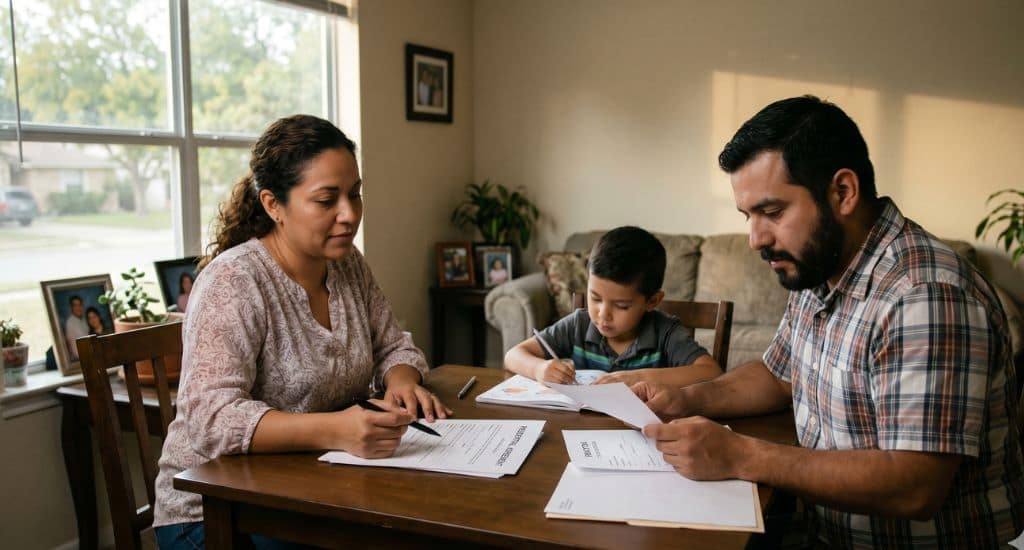 Familia hispana revisando contrato de renta en Texas antes de firmar