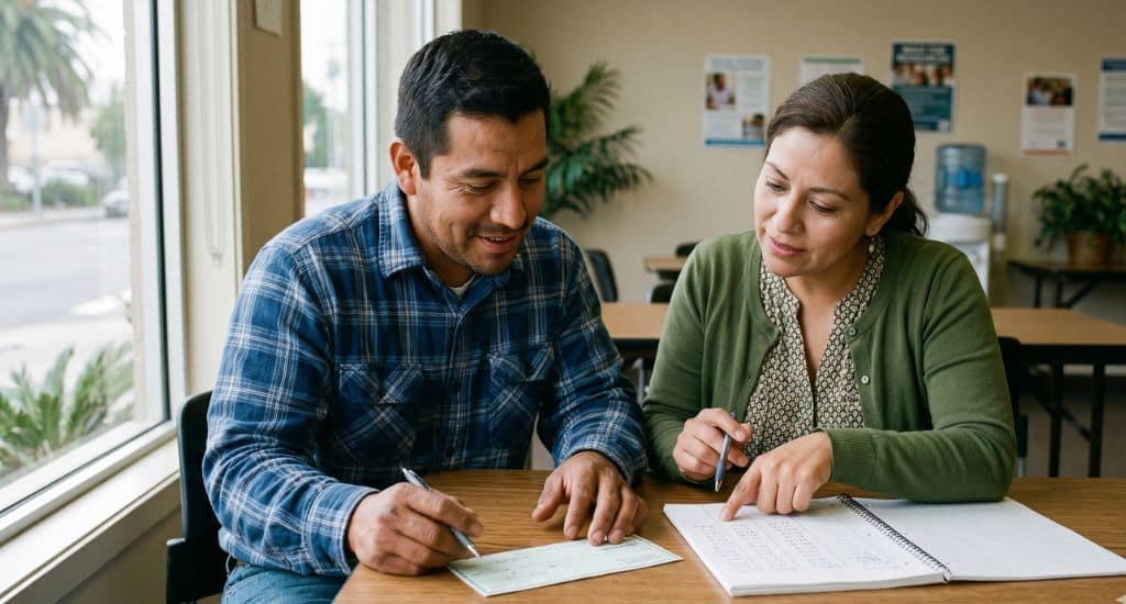 Trabajador hispano revisando sus derechos laborales en California