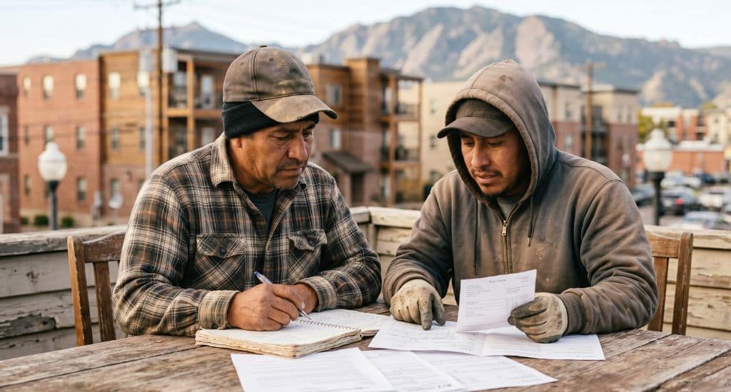 Trabajadores hispanos en Colorado revisando sus derechos laborales, salario y horas trabajadas