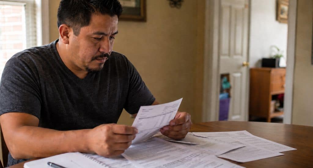 Trabajador hispano en Illinois revisando documentos laborales y recibos de pago