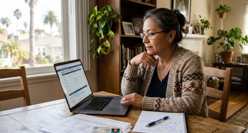 Persona inmigrante revisando una solicitud de desempleo del EDD en California desde una laptop.