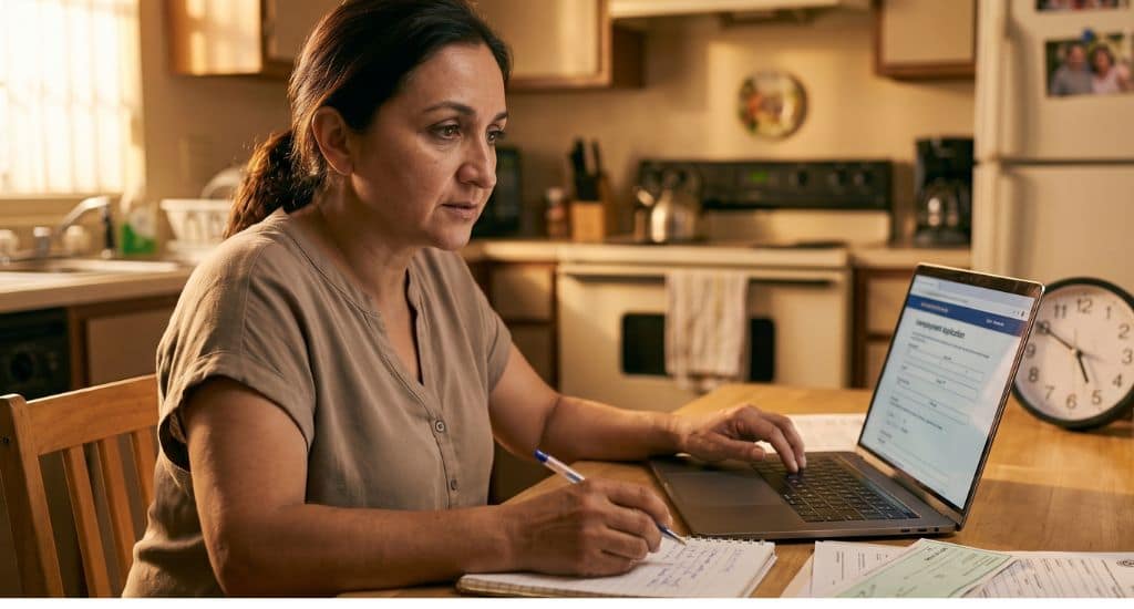 Trabajadora inmigrante en Florida revisando cómo aplicar al desempleo y cuánto pagan
