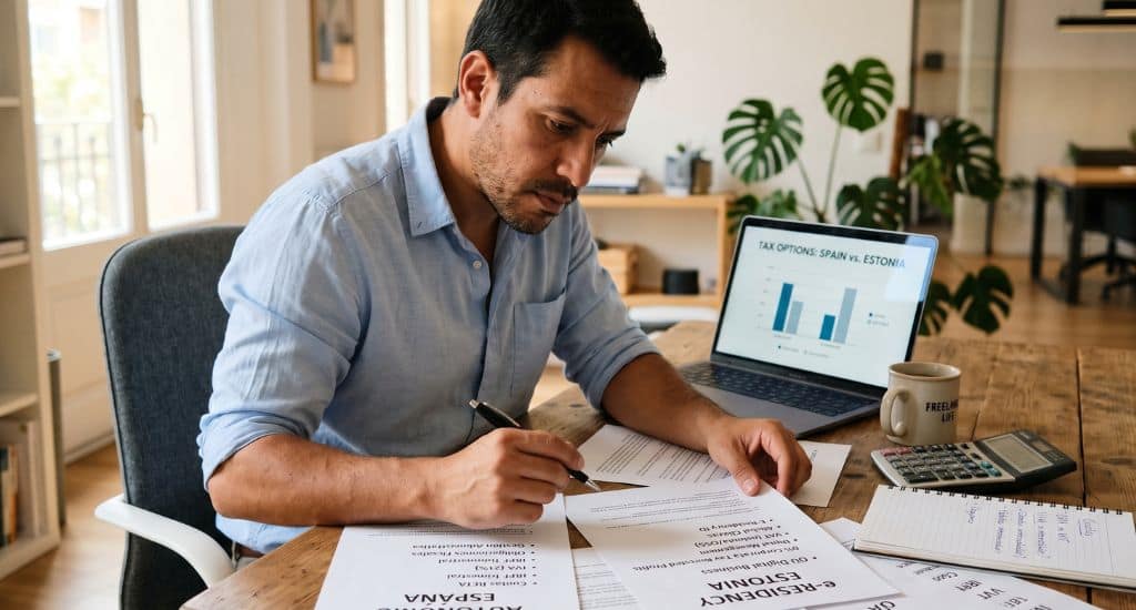 Persona hispana comparando e-Residency Estonia y autónomo en España