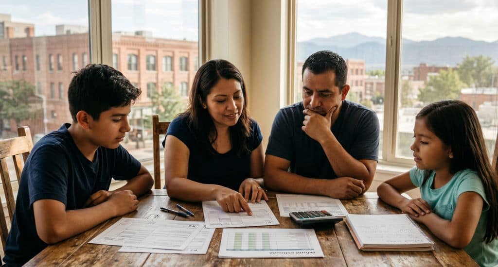 Familia hispana en Colorado revisando documentos para reclamar el EITC y créditos de impuestos
