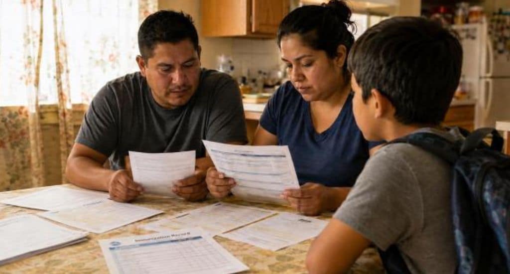 Familia hispana inscribiendo a sus hijos en una escuela de Indiana con documentos y laptop