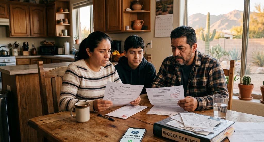 Familia hispana en Arizona revisando papeles de desalojo y ayuda legal de renta