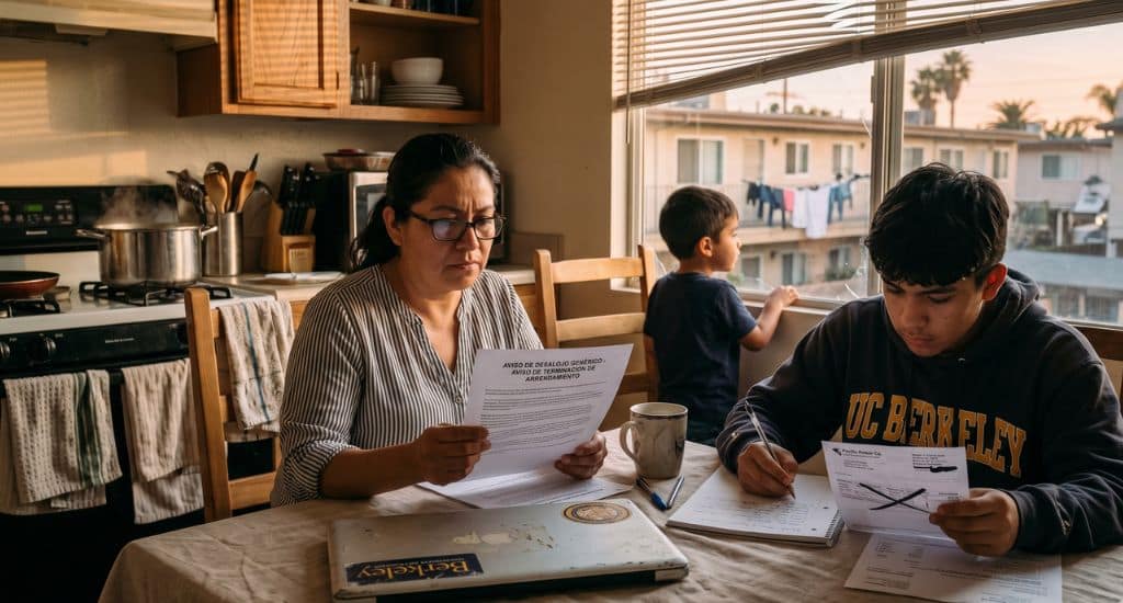 Familia hispana revisando un aviso de desalojo en California y buscando ayuda legal.