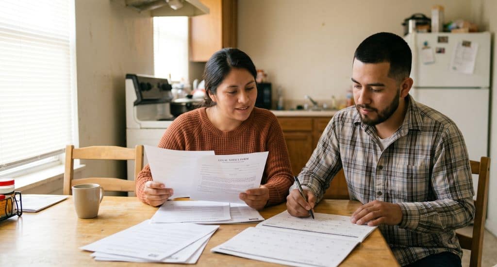 Familia hispana en Texas revisando aviso de desalojo y opciones legales