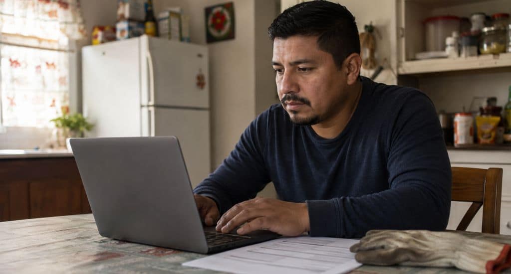 Trabajador hispano buscando empleo en fábricas de Indianapolis con currículum y laptop