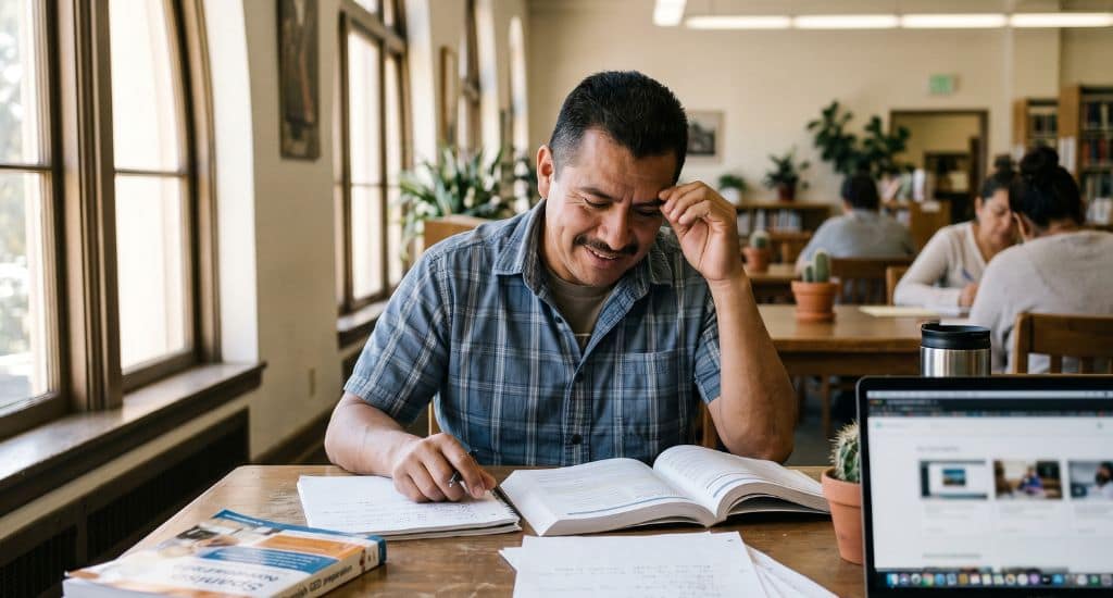 Adulto hispano estudiando GED en español en California