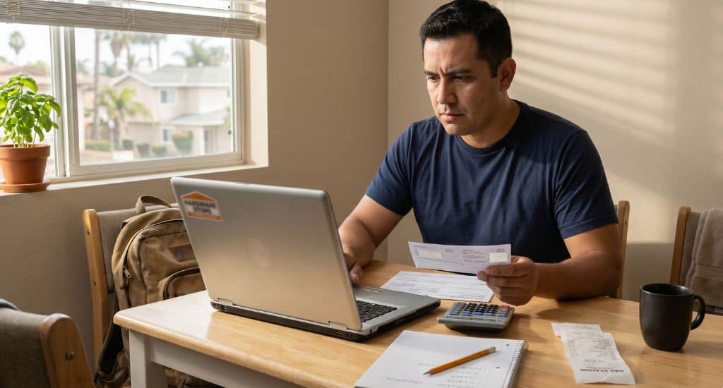 Trabajador hispano en California revisando su paycheck e impuestos de 2026.