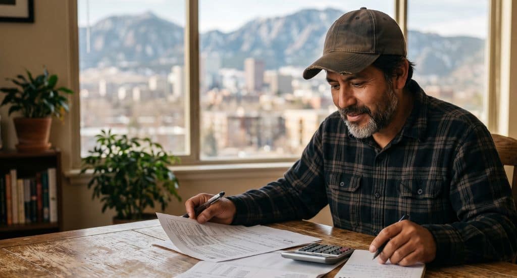Trabajador hispano en Colorado revisando su W-2, paystub e impuestos