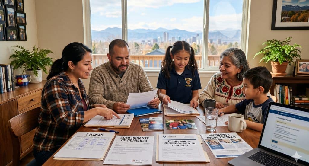 Madre hispana en Colorado inscribiendo a sus hijos en una escuela pública