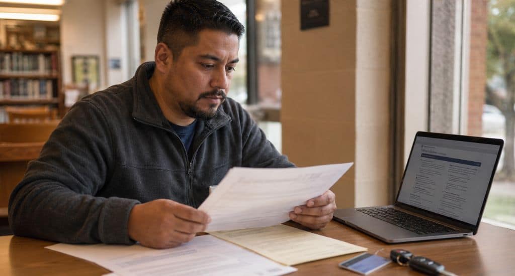 Persona hispana revisando documentos para sacar licencia de conducir en Indiana
