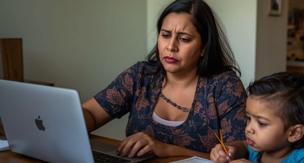 Madre latina en Florida revisando requisitos de Medicaid y cobertura médica para su familia
