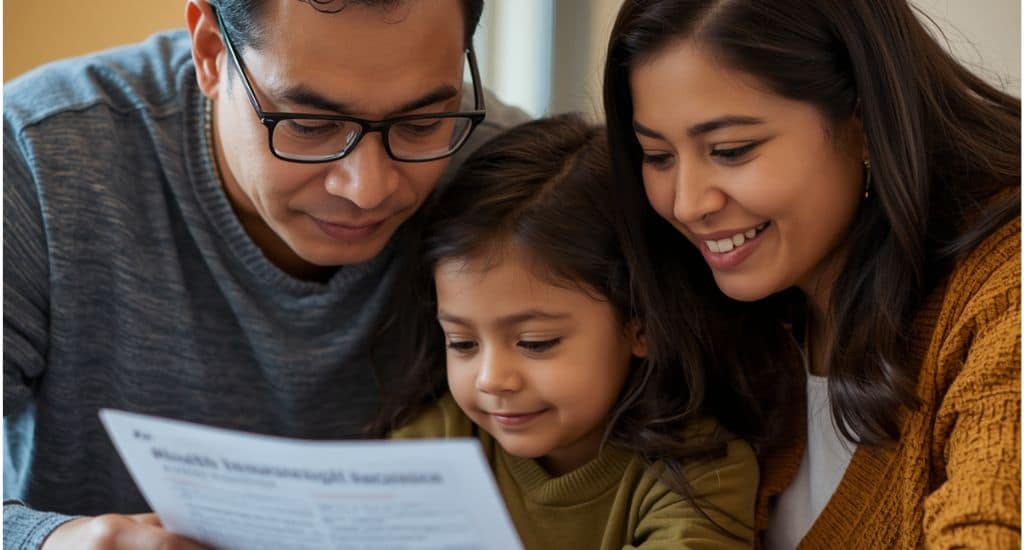 Familia hispana revisando una solicitud de Medicaid en Illinois con apoyo comunitario