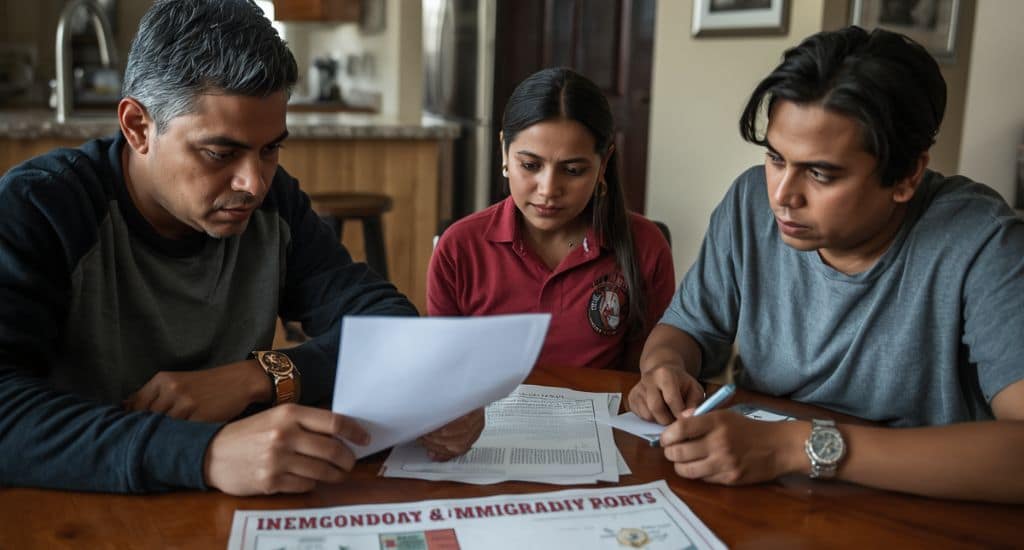Familia inmigrante en Texas revisando información sobre la Operación Lone Star y derechos ante la policía.