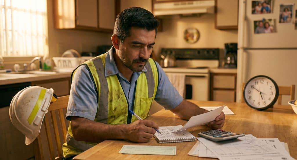 Trabajador hispano en Florida calculando overtime y horas extra no pagadas