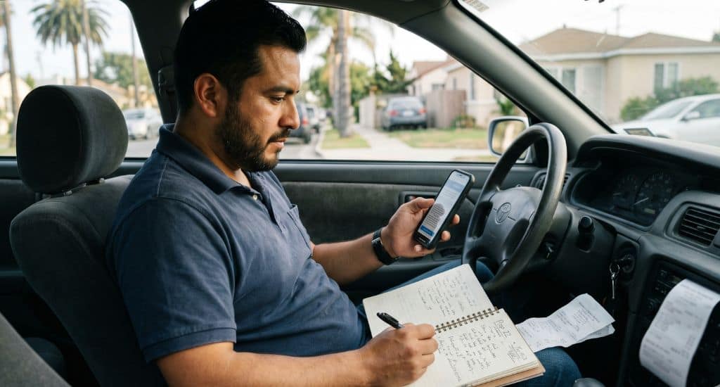 Conductor hispano revisando ingresos de app bajo Prop 22 en California