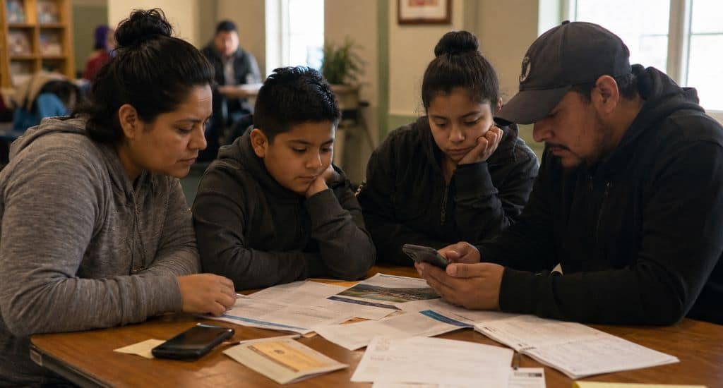 Familia hispana buscando recursos comunitarios en Indiana con documentos
