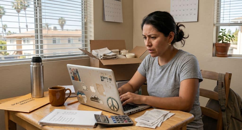 Emprendedor inmigrante registrando un negocio en California con documentos y laptop.