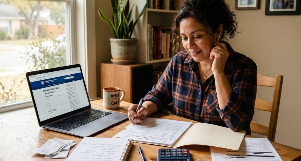 Emprendedor hispano revisando documentos para registrar un negocio en Texas