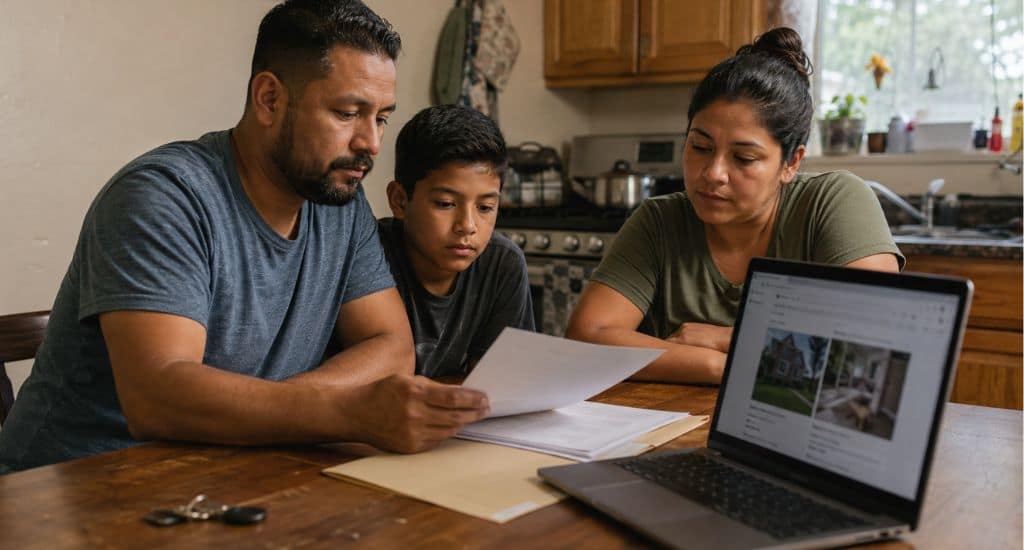Familia hispana revisando contrato de renta para apartamento en Indiana