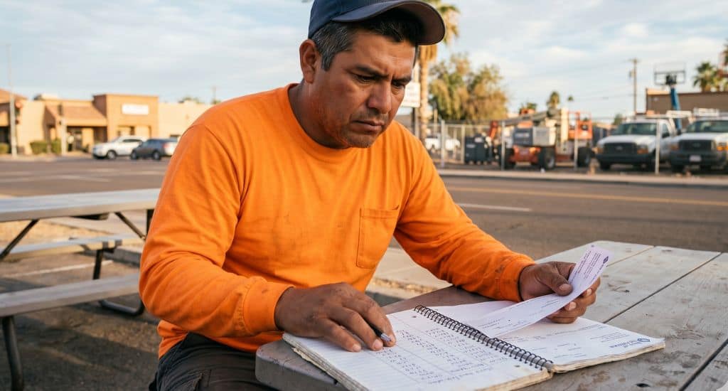 Trabajador hispano revisando su salario mínimo en Arizona