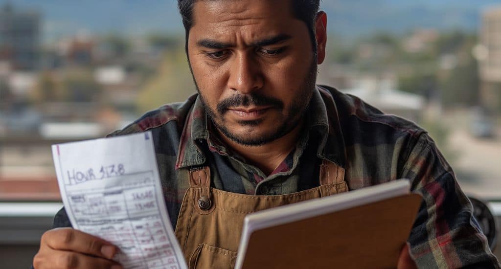 Trabajador hispano en Colorado revisando su cheque para confirmar salario mínimo y horas trabajadas