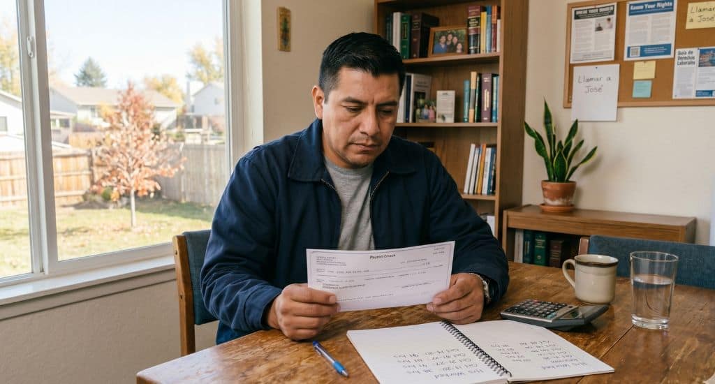 Trabajador hispano en Illinois revisando su cheque de pago y horas trabajadas