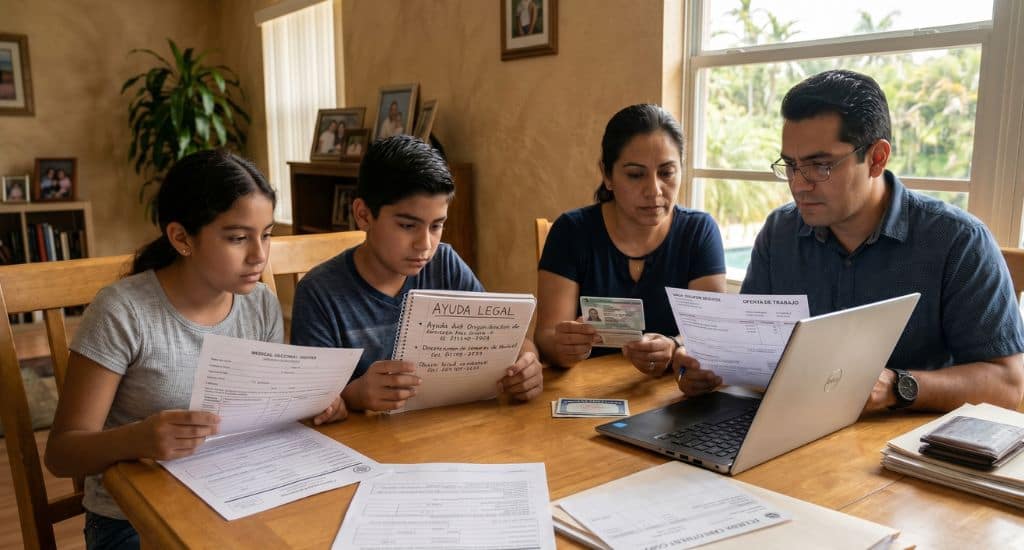 Familia inmigrante hispana en Florida revisando documentos legales y laborales