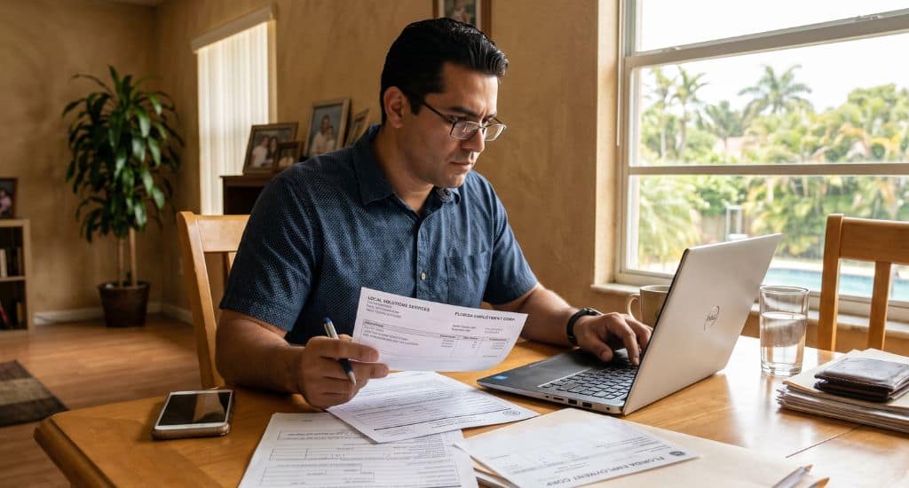 Trabajador hispano en Florida revisando documentos de empleo y verificación laboral