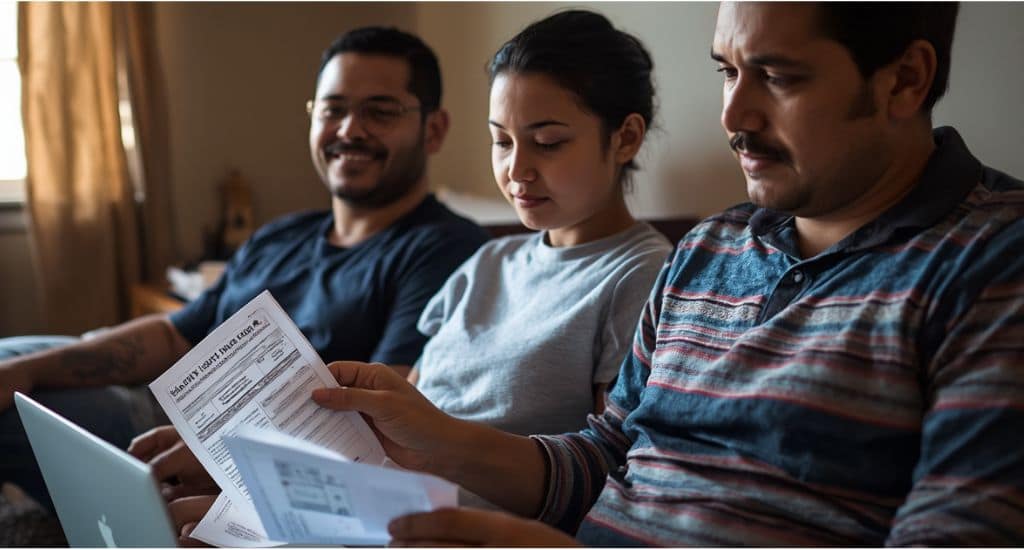 Familia hispana revisando opciones de seguro médico en Indiana con documentos y laptop