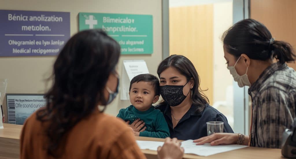 Familia hispana en Texas buscando opciones de seguro médico y clínicas comunitarias sin papeles.
