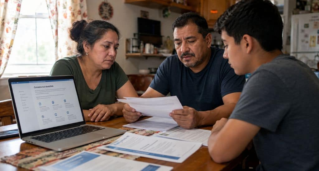 Familia hispana en Texas revisando información sobre la ley SB 4 y derechos de inmigrantes