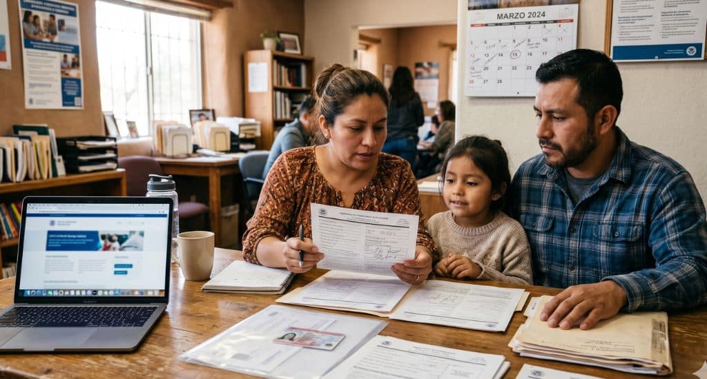 Familia centroamericana en Arizona revisando documentos de TPS con ayuda legal comunitaria