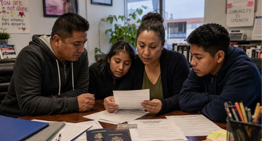 Familia centroamericana en Colorado revisando documentos de TPS y permiso de trabajo