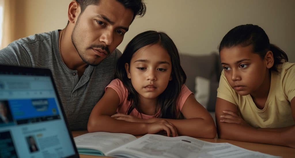Familia latina en Florida revisando documentos de TPS y permiso de trabajo