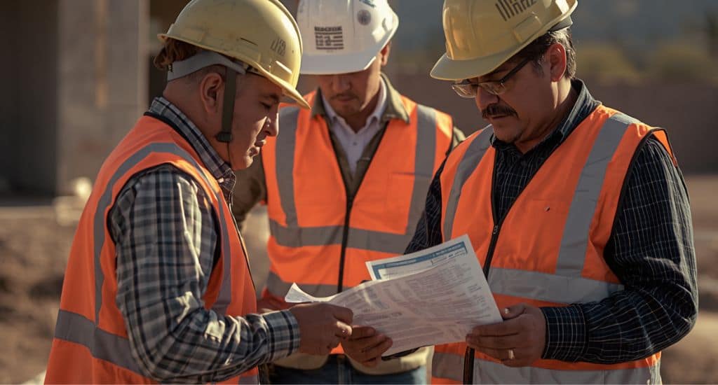 Trabajadores hispanos de construcción en Arizona revisando derechos laborales y licencias