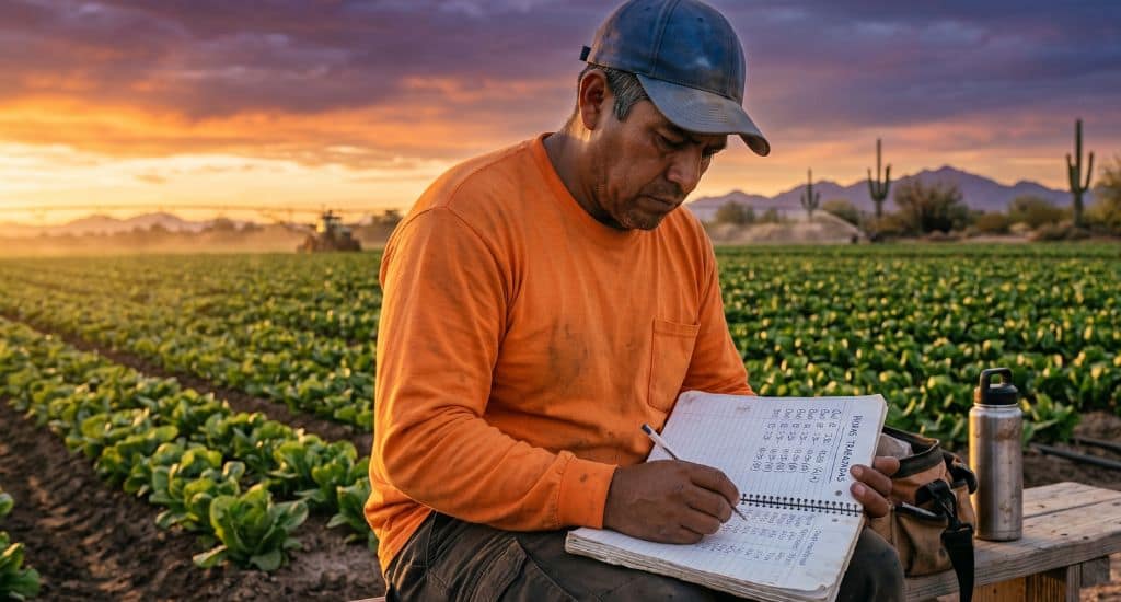 Trabajador agrícola hispano en Arizona revisando horas y salario