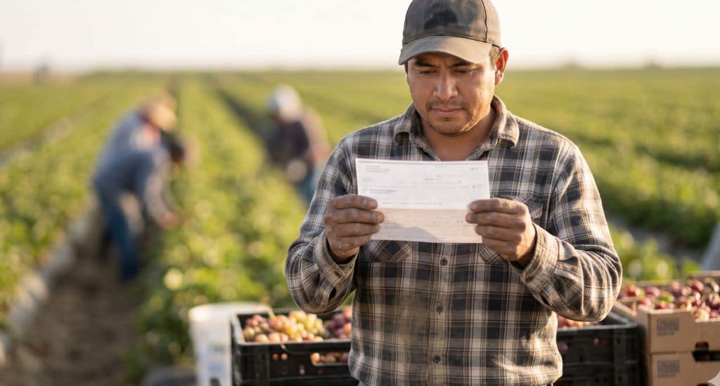 Trabajador agrícola hispano revisando su pago en California