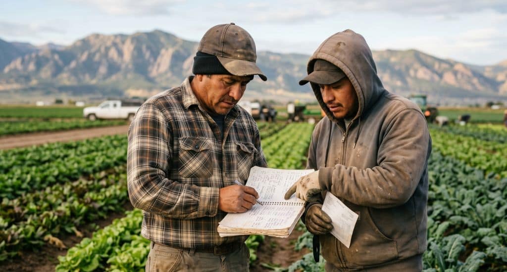 Trabajadores agrícolas hispanos en Colorado revisando sus derechos laborales y salario en el campo