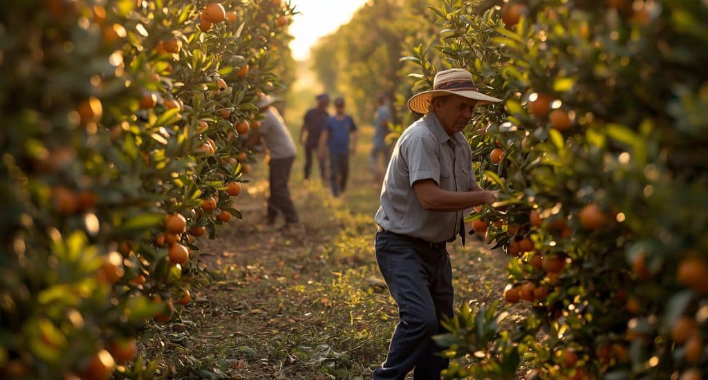 Trabajadores agrícolas hispanos en Florida cosechando y revisando sus derechos laborales