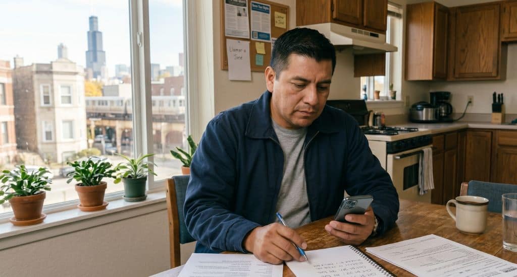 Trabajador hispano en Chicago buscando empleo con documentos y celular