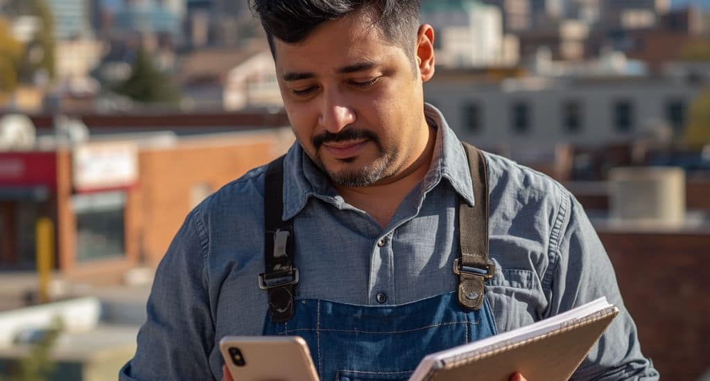 Trabajador hispano en Denver revisando ofertas de empleo en construcción, limpieza y restaurantes