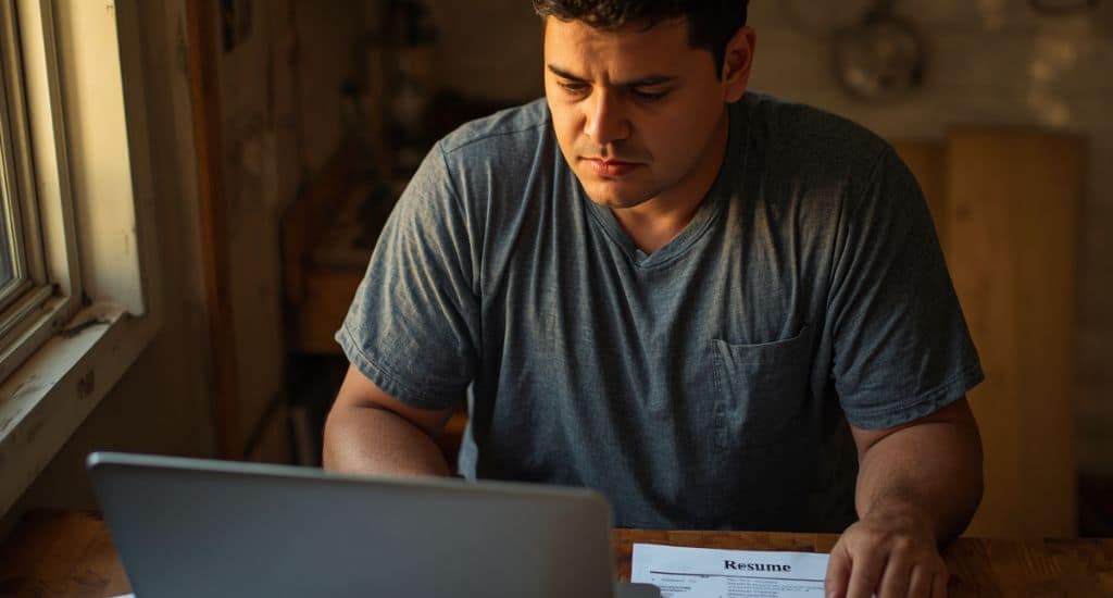 Hombre hispano buscando trabajos en Indiana desde una laptop con currículum sobre la mesa