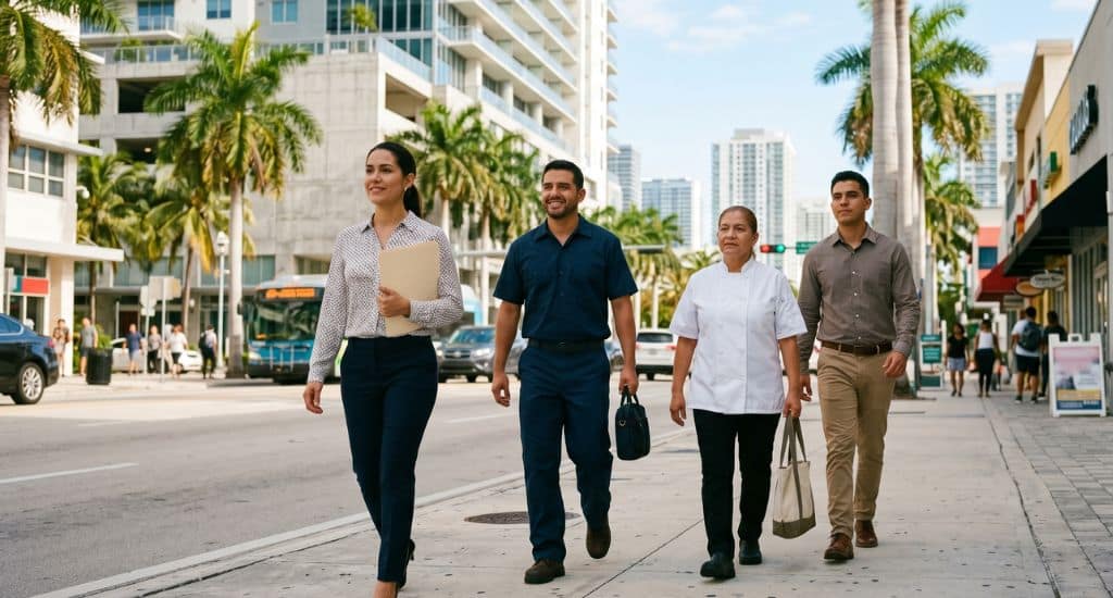 Trabajadores hispanos buscando empleo en Miami en industrias de hoteles restaurantes construcción y servicios