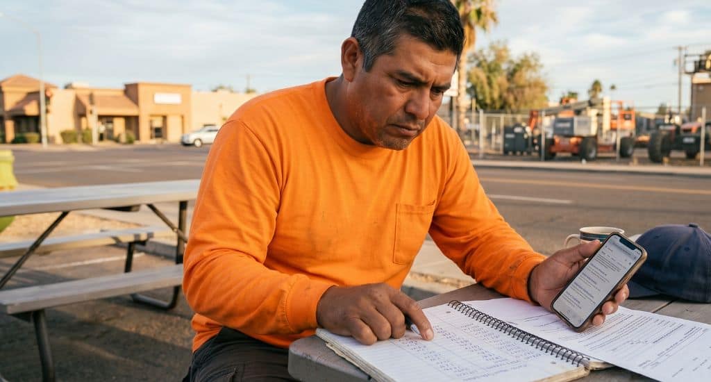 rabajador hispano en Arizona revisando opciones laborales sin papeles