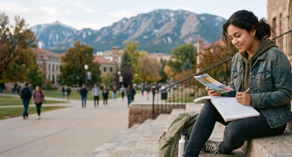 Estudiante hispana en Colorado revisando opciones universitarias ASSET y CASFA sin papeles