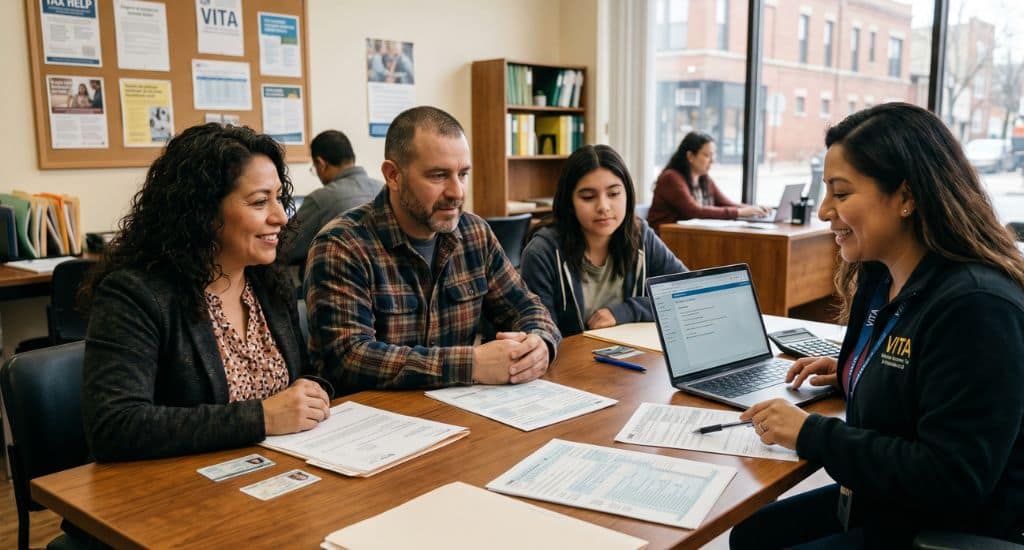 Familia hispana preparando taxes gratis con ayuda VITA en Illinois